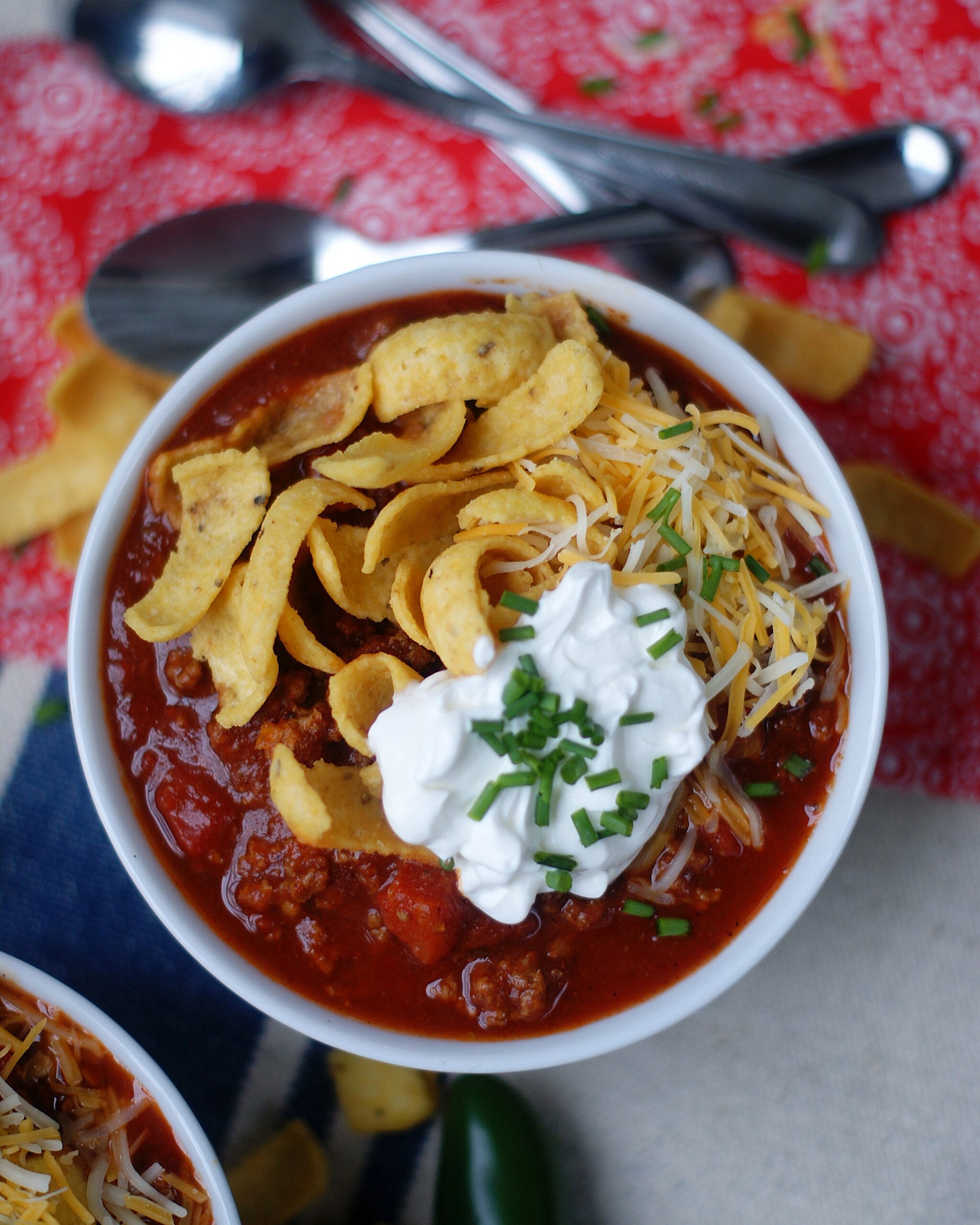 Overhead view of a big bowl of Texas Chili.