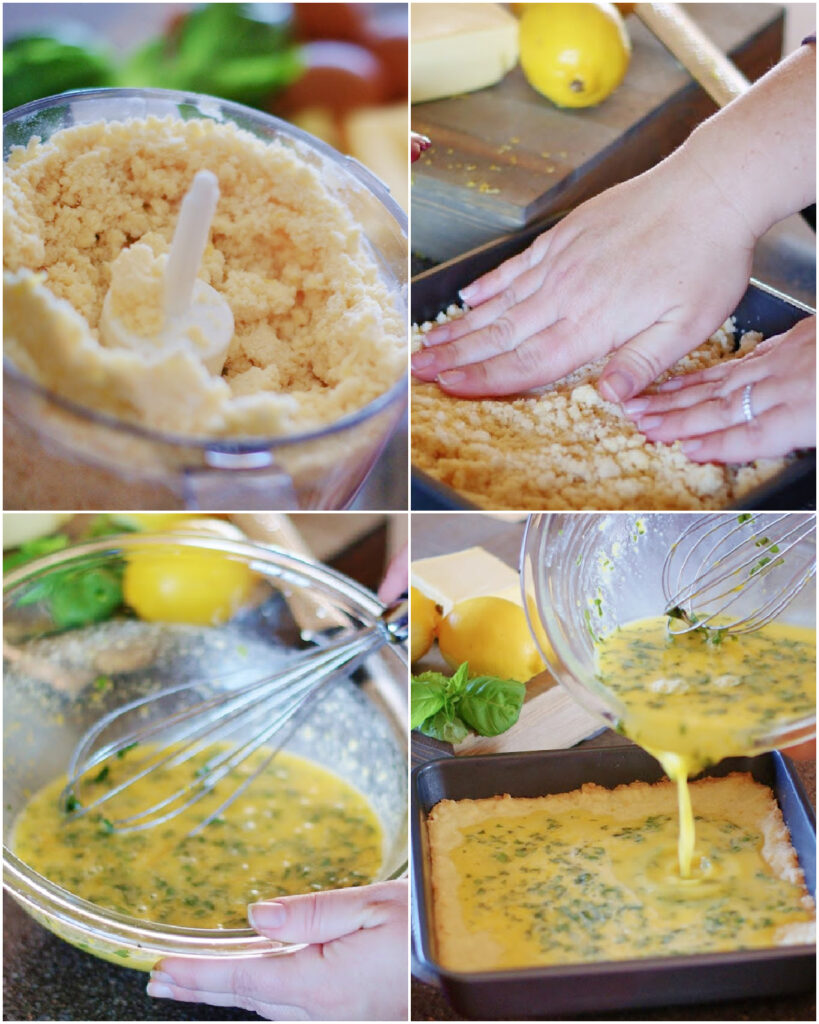 a four part grid showing how to make the crust, press the crust into the pan, whisk together the filling and then pour it over the crust to bake.
