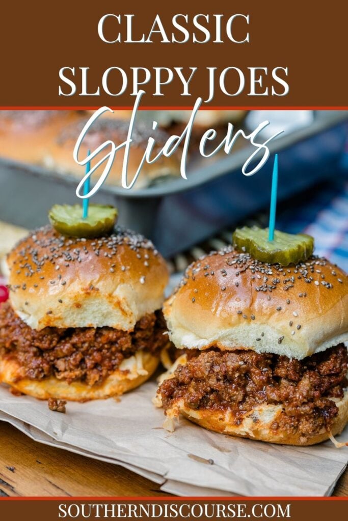A pinterest pin with 2 sloppy joe sliders and pickles served on butcher paper.