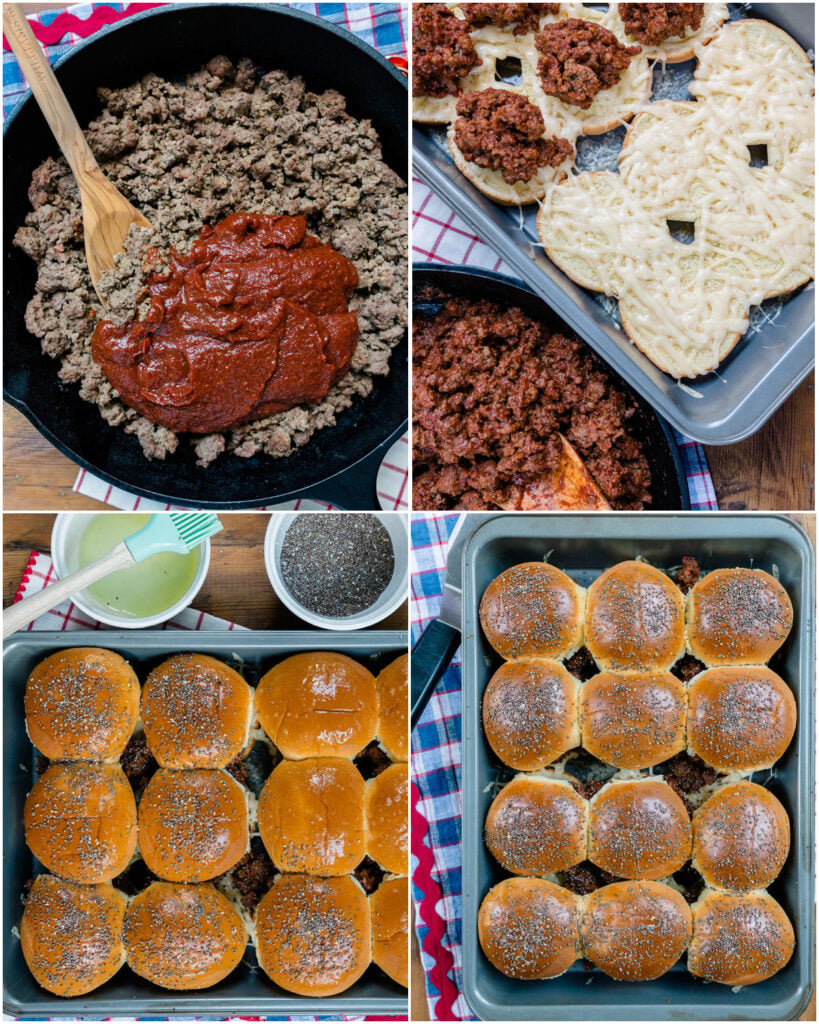 4 process photos in a grid showing the steps for making homemade sloppy joes filling, putting them on buns and baking them to make sliders.