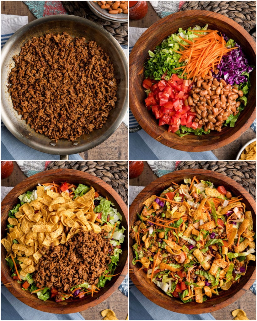 A 4 part grid showing the steps for making taco salad with Fritos.