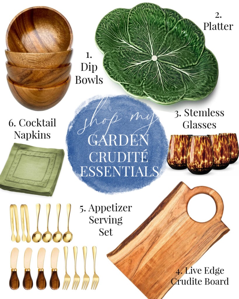 Graphic showing a cabbage ware serving platter, live edge serving board, appetizer serving utensils and other essentials for serving corn relish on a vegetable tray.