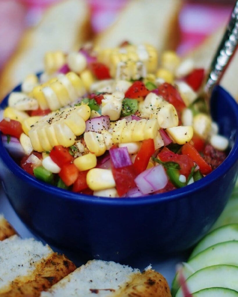 Close up of corn relish that isn't a canning recipe to show crisp texture and ingredients.