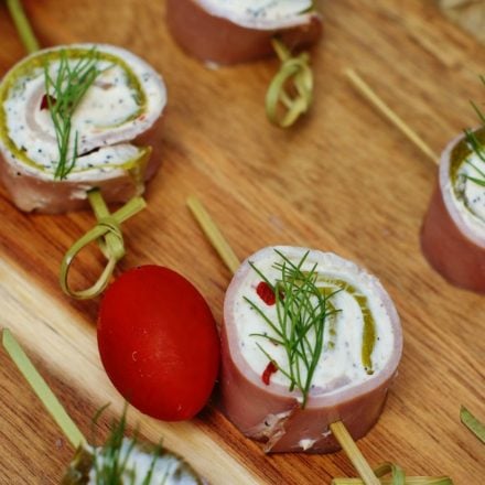 An upclose of a Ham & Dill Pickle Pinwheel