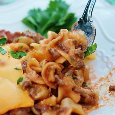 Cheesy Beef Noodle Casserole on a fork.