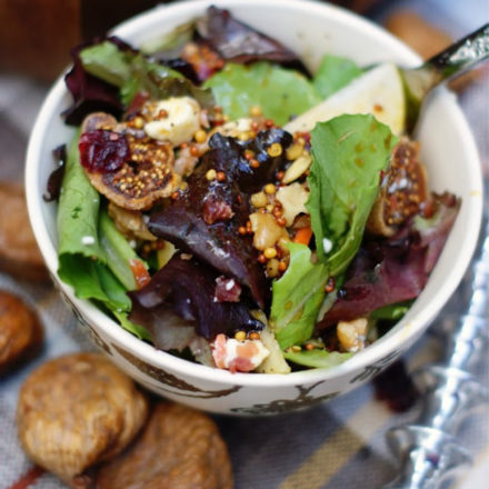 An autumn pear salad with figs dressed with a molasses vinaigrette