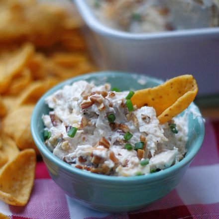 A small turquoise bowl of ultimate creamy chicken dip topped with chives and with a corn chip.