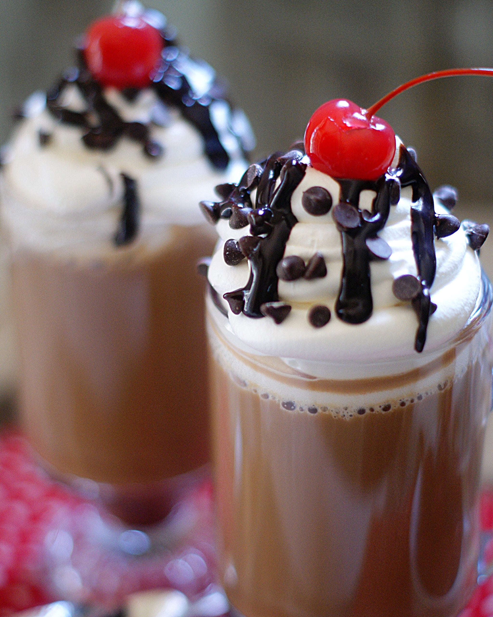 A close up of a cherry mocha coffee drink.