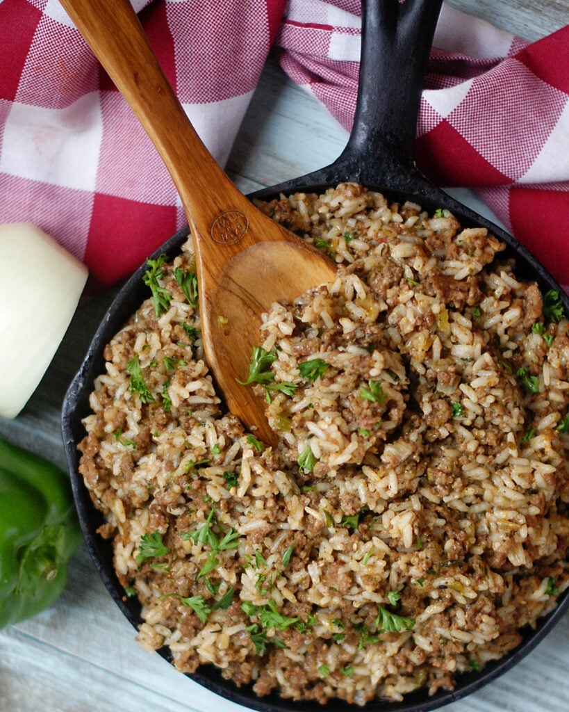 Cajun-style dirty rice recipe with ground beef and pork sausage.