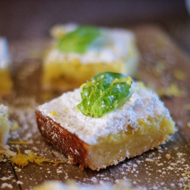 A classic lemon square topped with a basil leaf.