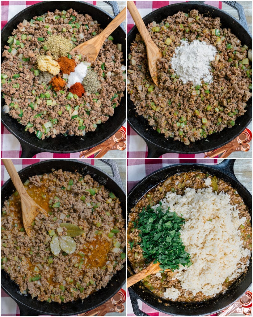 4 part grid showing each stage of making a good Louisiana Dirty Rice.