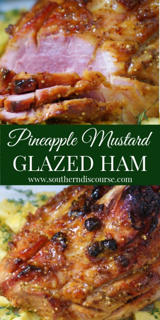 How to cook a ham doesn't have to be hard with this deliciously tender Pineapple Mustard Glazed Ham. Perfect for Christmas, Easter, Thanksgiving, even picnics, this ham's glaze of brown sugar, pineapples, mustard and spices is brushed on, and then the ham is baked in oven! #southerndiscourse #holiday #Easter #Christmas #pineapple #honey #brownsugar #mustard #bonein