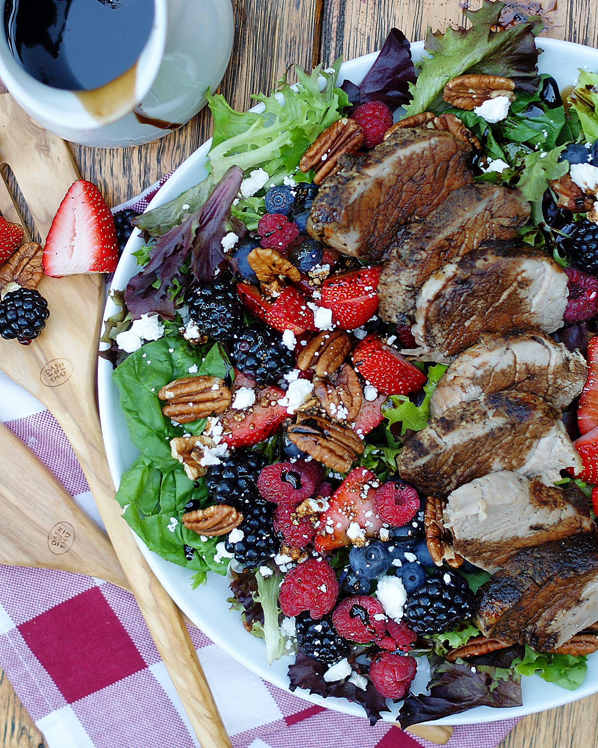 Summer berry salad with balsamic dressing and pork tenderloin.