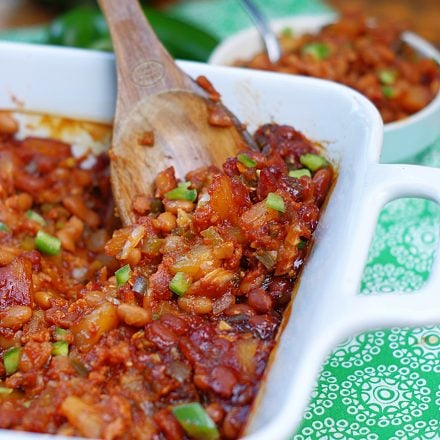 A spoonful of Hawaiian Baked Beans fresh from the oven.