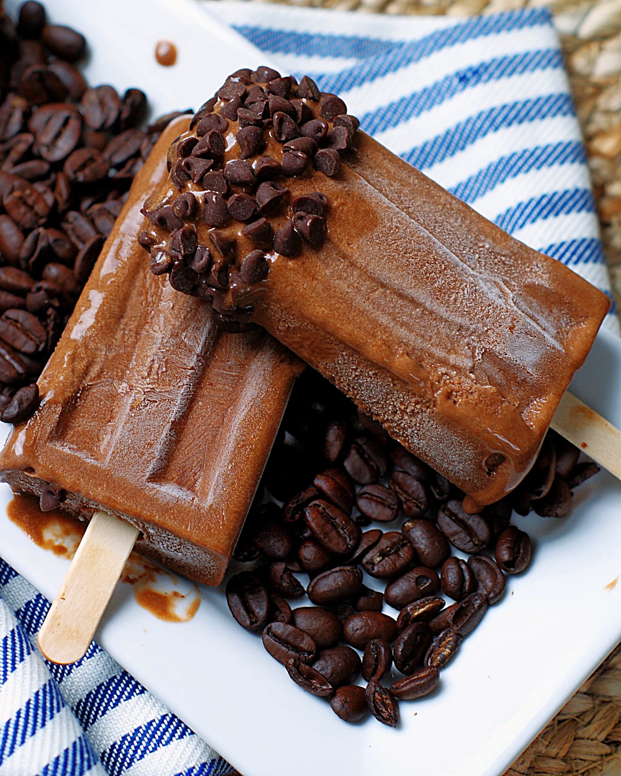 Mocha Popsicles dipped in mini chocolate chips