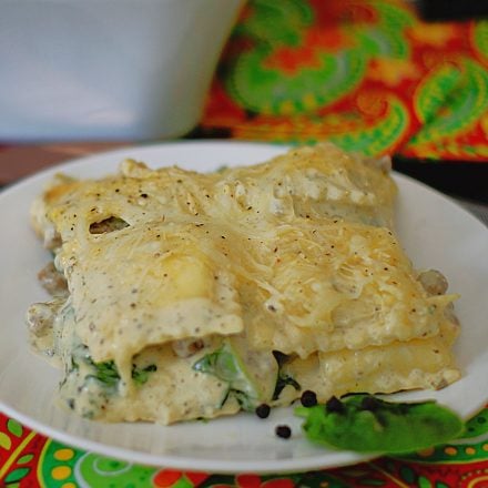 A plate of white ravioli casserole.