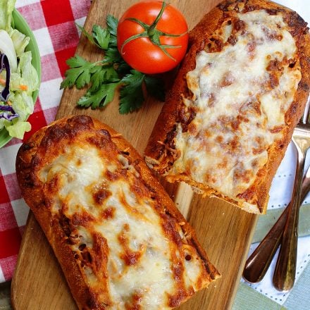 Finished Spaghetti Stuffed Garlic Bread fresh from the oven.