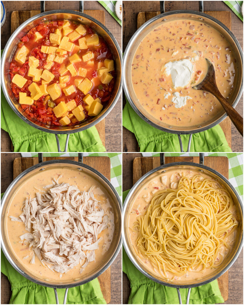 The 4 main steps to making chicken spaghetii with rotel tomatoes and cheese sauce.