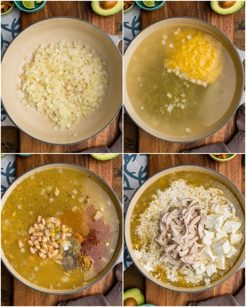 The 4 main steps to making white chicken chili with cream cheese.