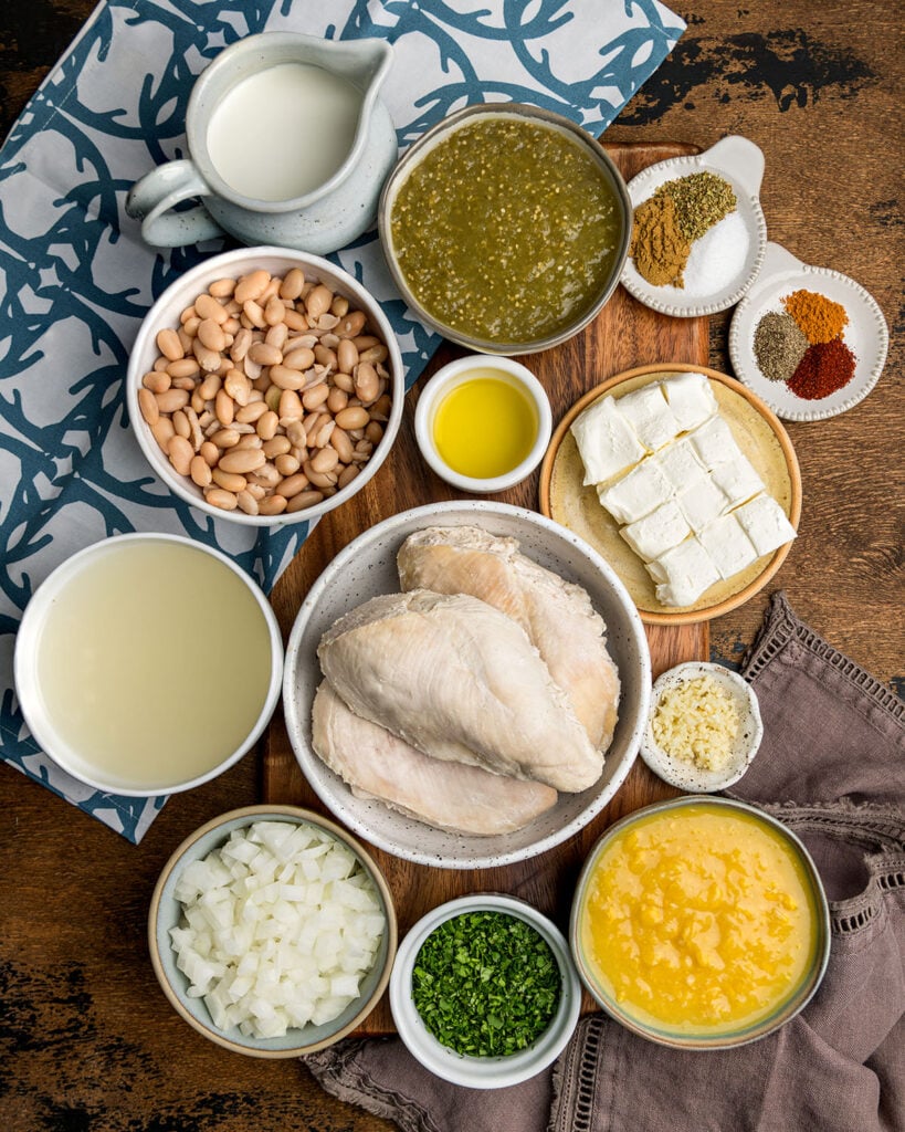 Chicken Chili ingredients laid out in bowls to create a visual list and make preparing this recipe easy.