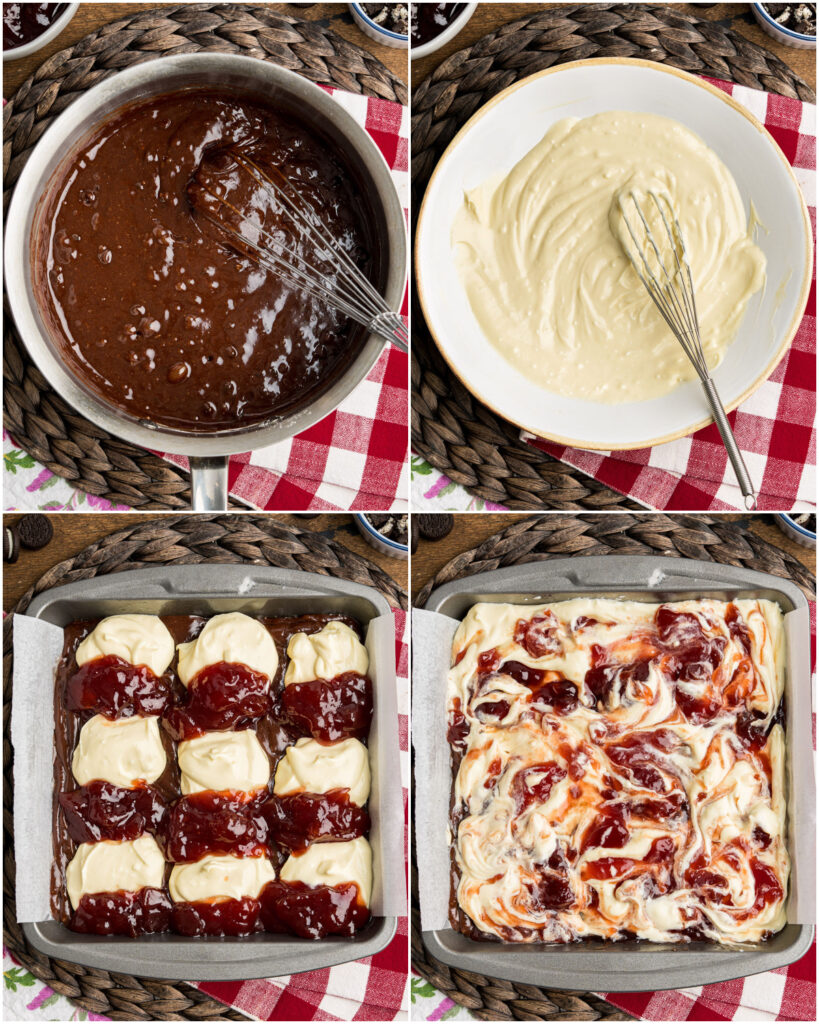 A 4 part grid showing the main steps of prepping and making this brownie recipe.