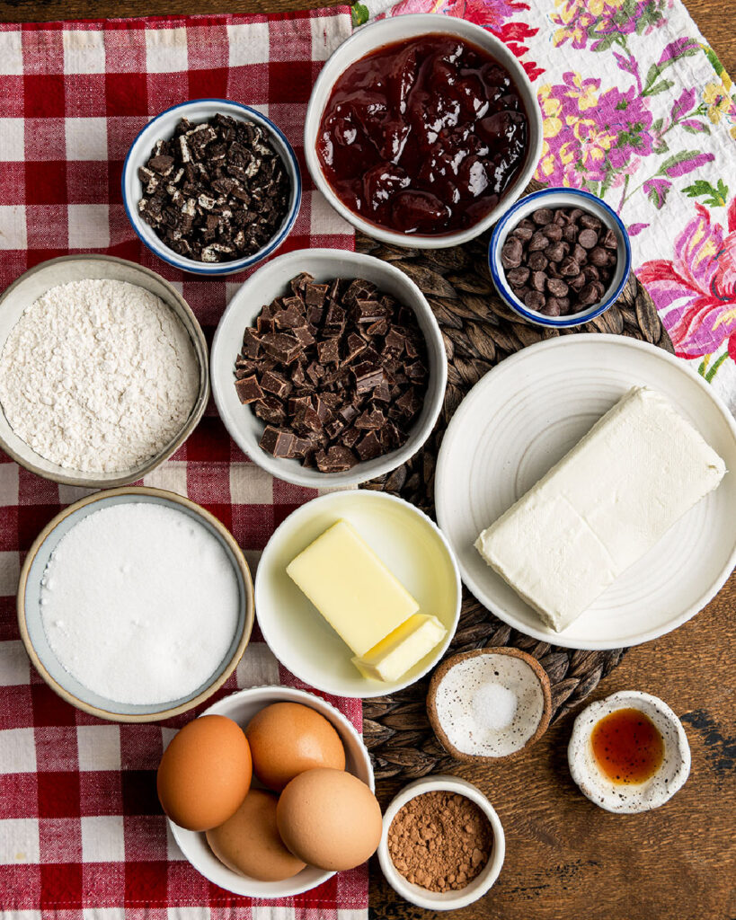 A visual list of strawberry jam brownie ingredients so that all ingredients are easily recognized and identified.