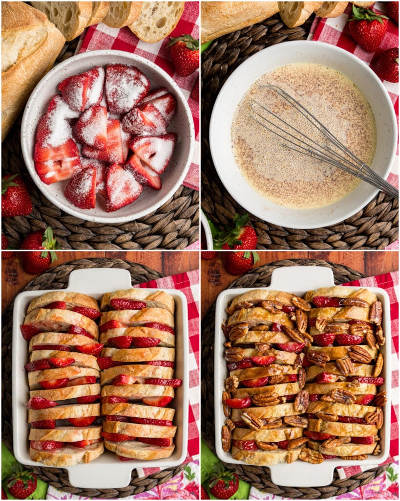 4 part grid showing the basic steps of making a strawberry French Toast Casserole.