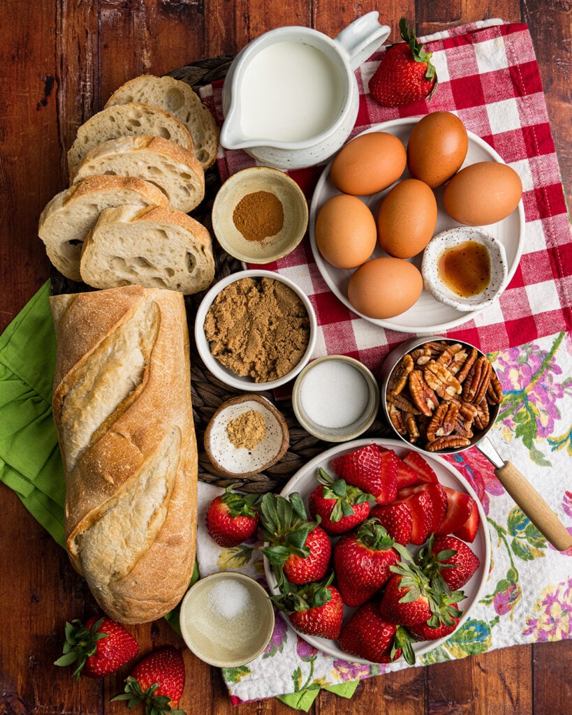 Ingredients for French Toast Casserole as a visual guide for what's needed.