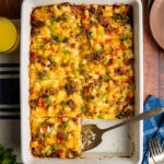 Hash brown casserole with eggs, sausage, bacon and peppers.