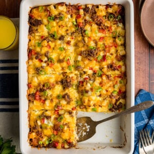 Hash brown casserole with eggs, sausage, bacon and peppers.