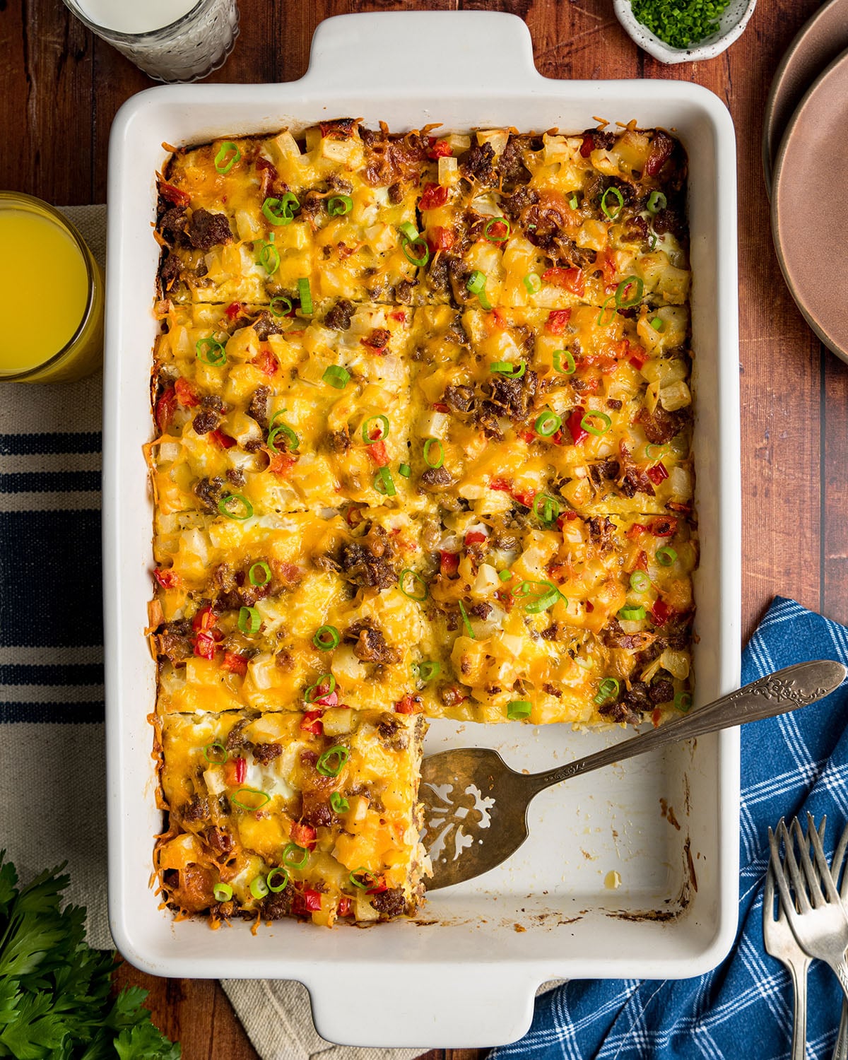 Hash brown casserole with eggs, sausage, bacon and peppers.