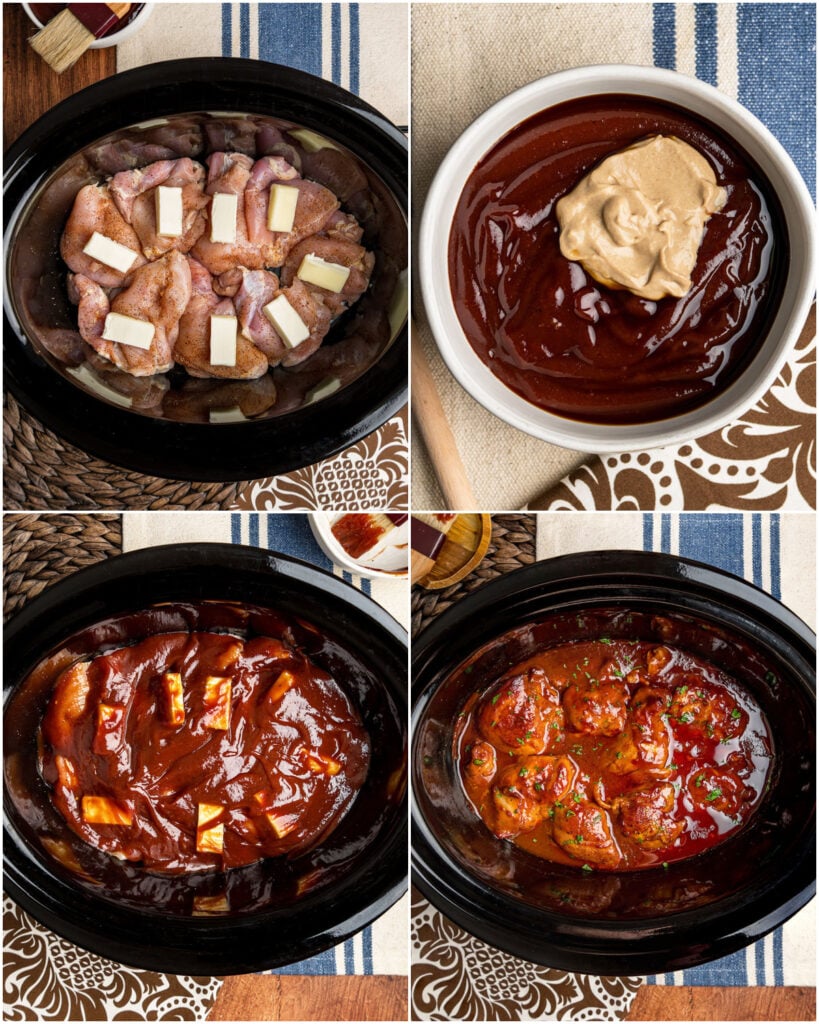 4 part grid showing the main steps to making this BBQ chicken recipe- seasoned chicken with pats of butter, enhancing the bottled BBQ sauce, saucing the chicken, cooking in the crockpot.
