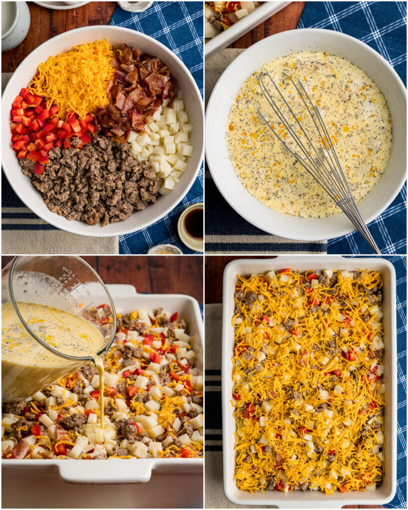 The 4 steps to making a hearty farmhouse style hash brown casserole.
