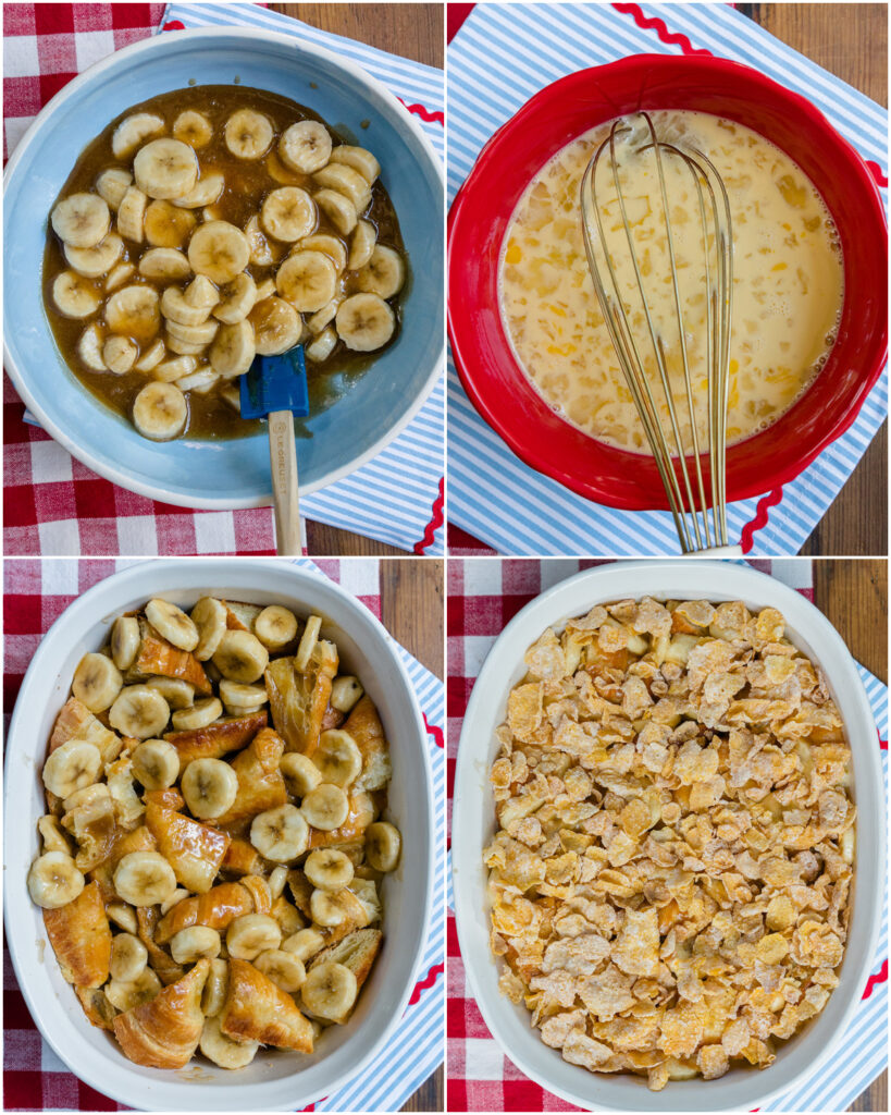 4 photo grid showing the main steps to making this banana french toast casserole recipe.