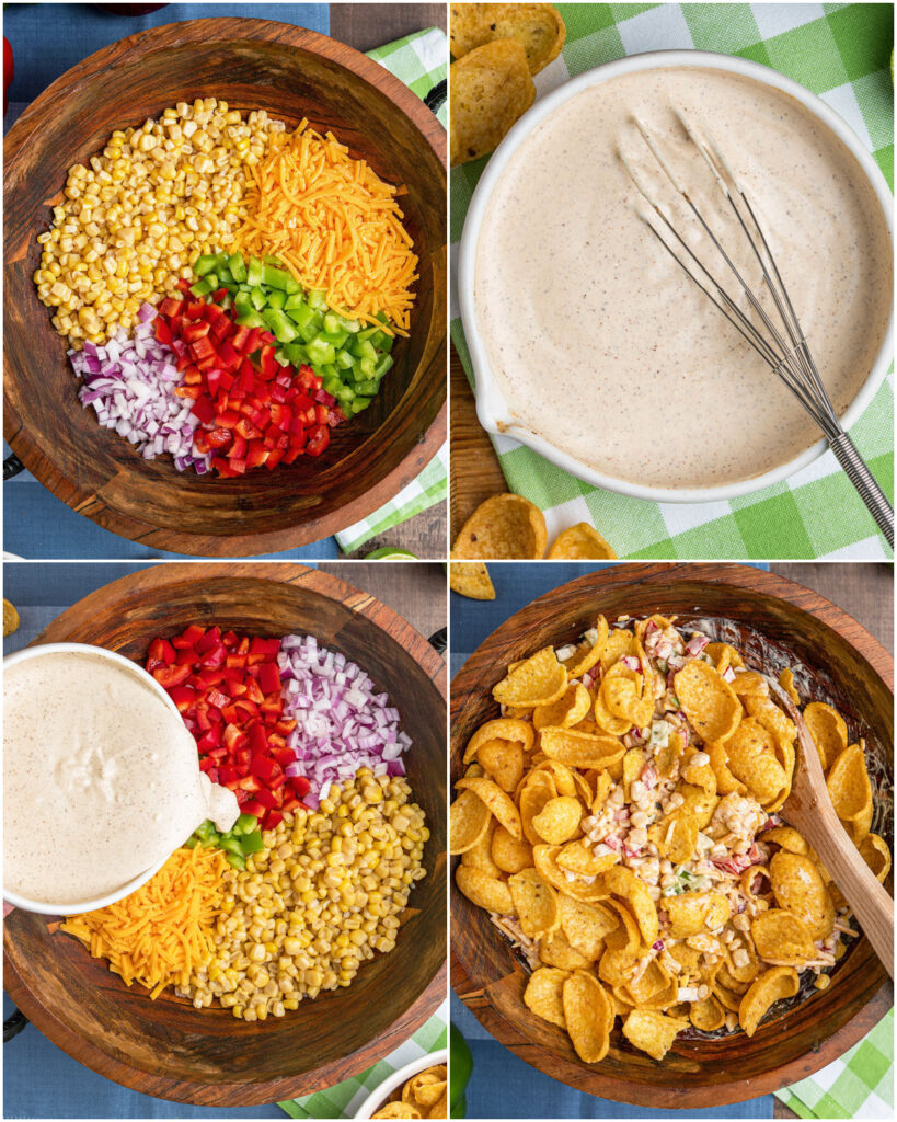 A four part grid showing photos of the chopping corn and peppers, making the mayo and sour cream dressing, adding the dressing and folding in the corn chips last for freshness.