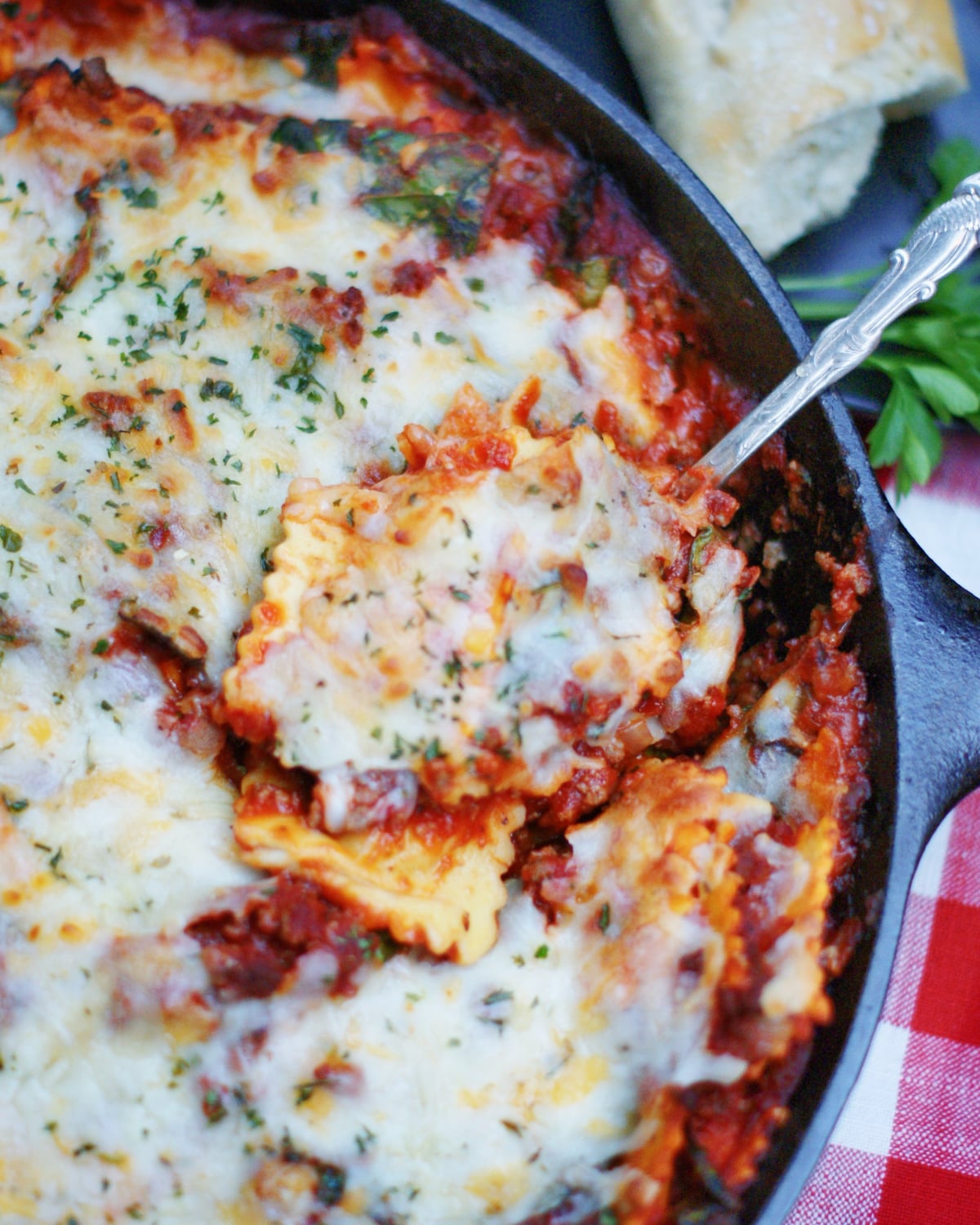 Serving beef baked ravioli from a skillet