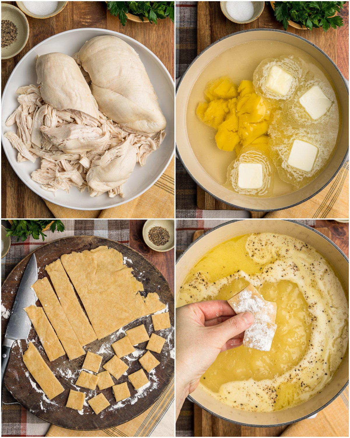 The four main steps for making chicken and dumplings.