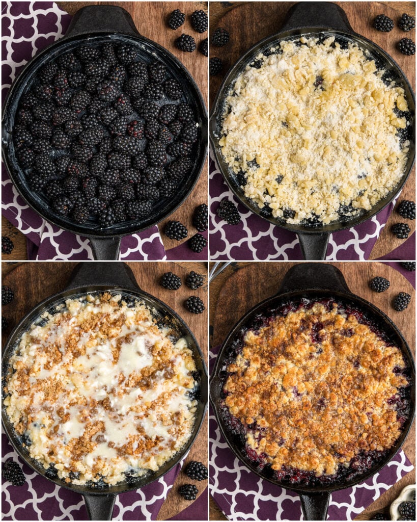 4 part grid showing the easy steps including the texture of the crumble crust, to making this cobbler