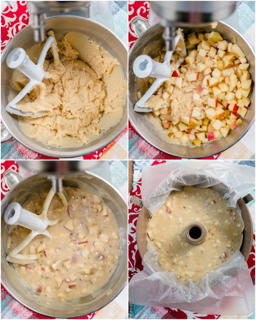 4 photo grid showing the steps or process for making the best apple cake with fresh apples.