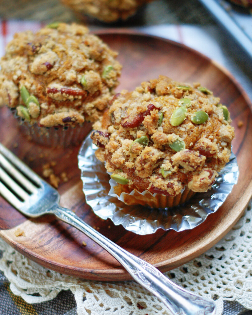 pumpkin muffins made with pumpkin puree and topped with a streusel topping