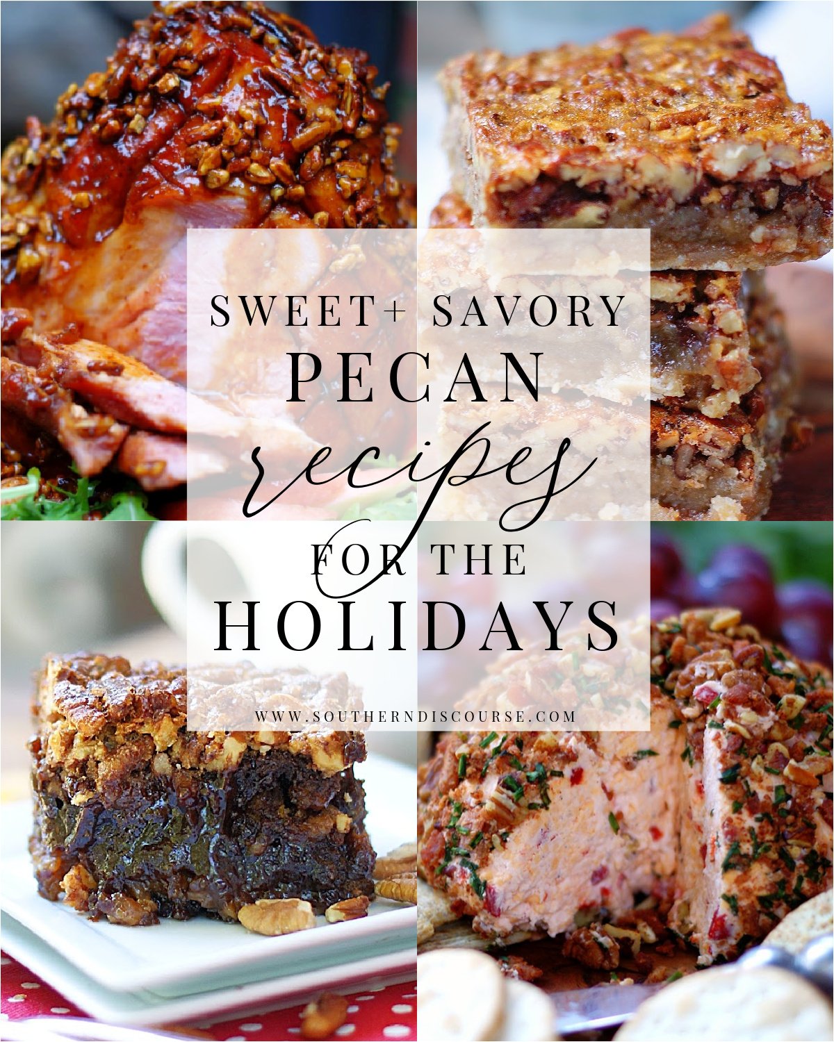 4 part collage of sweet and savory southern pecan recipes for holiday dinners and parties.