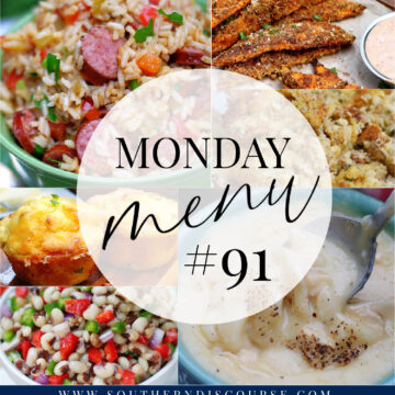 Monday Menu 91 title collage for chicken & dumplings dinner and a jambalaya dinner