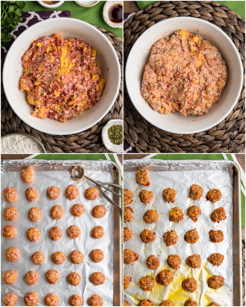A four part grid showing the main steps for making delicious sausage balls using a scoop for consistent sizing.