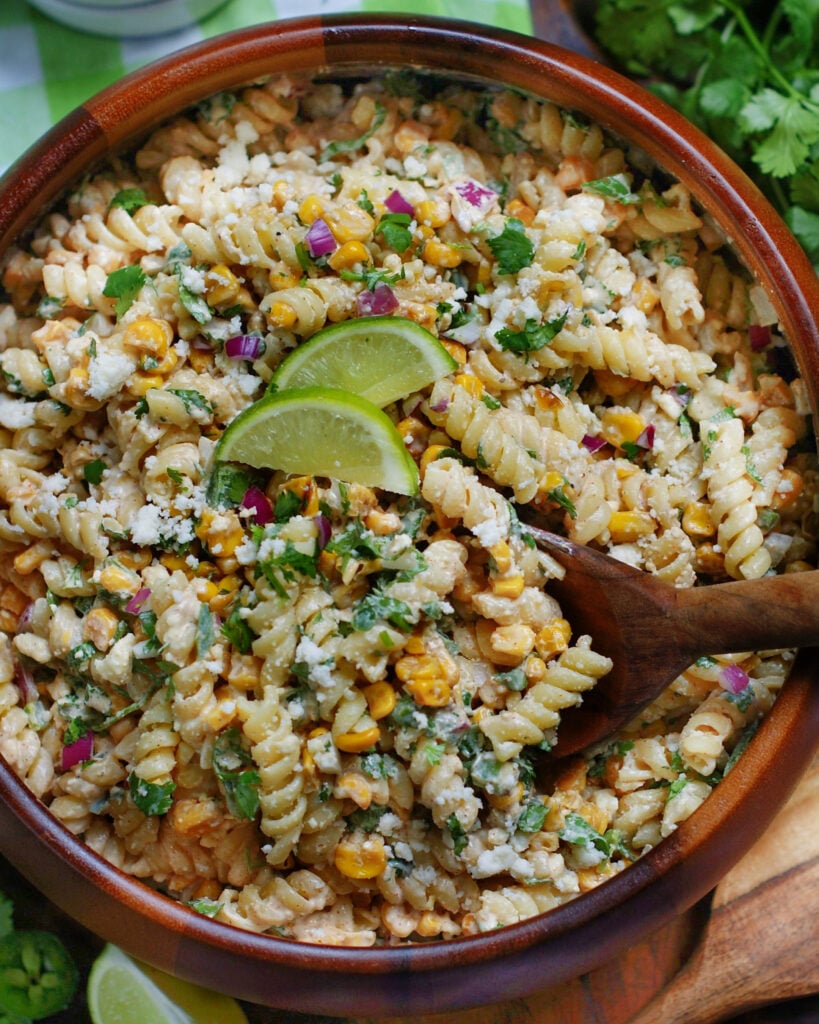 Mexican Street Corn Pasta Salad with cilantro, lime, jalapenos and cotija cheese