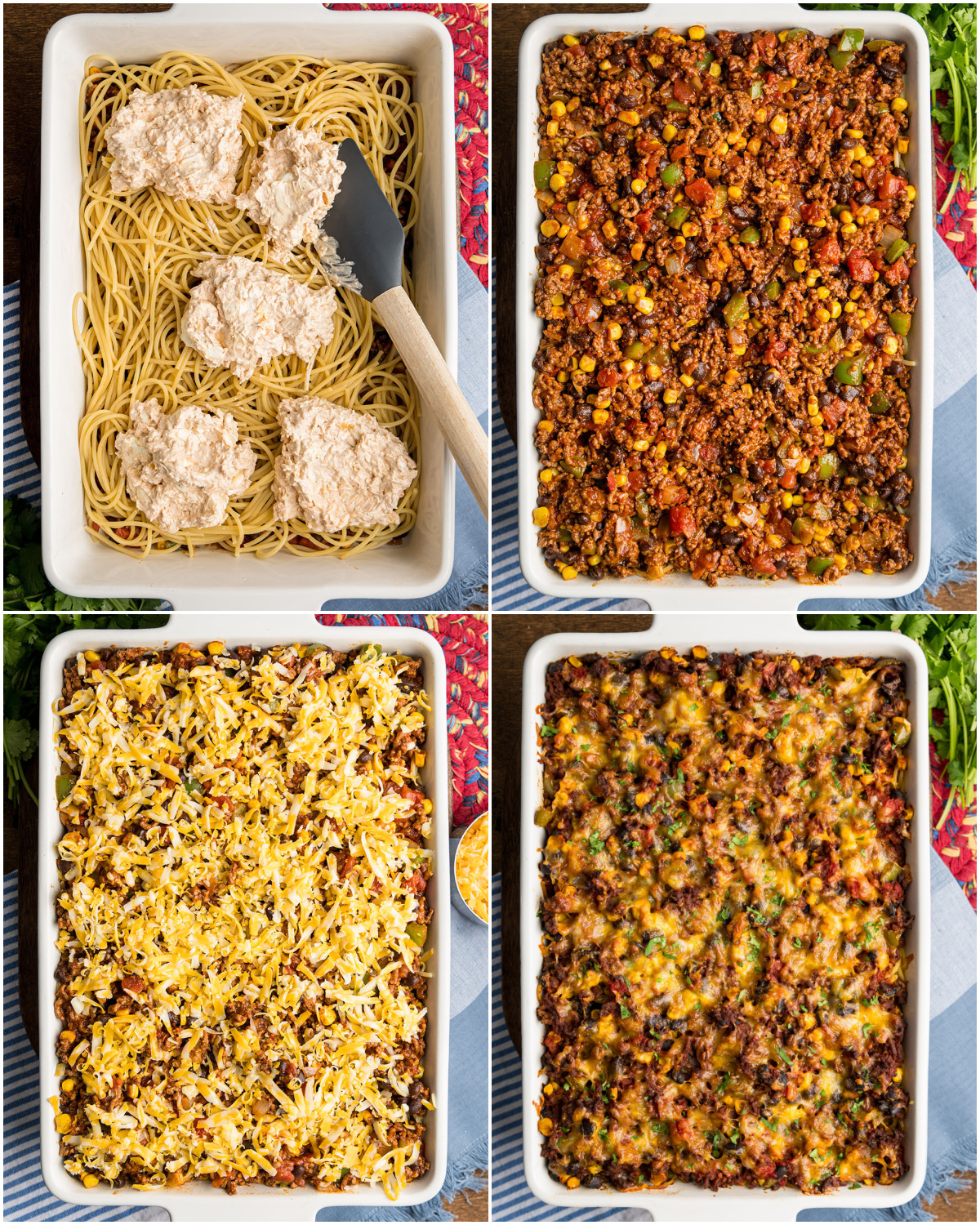 A 4-part grid showing how to assemble this layered spaghetti casserole.