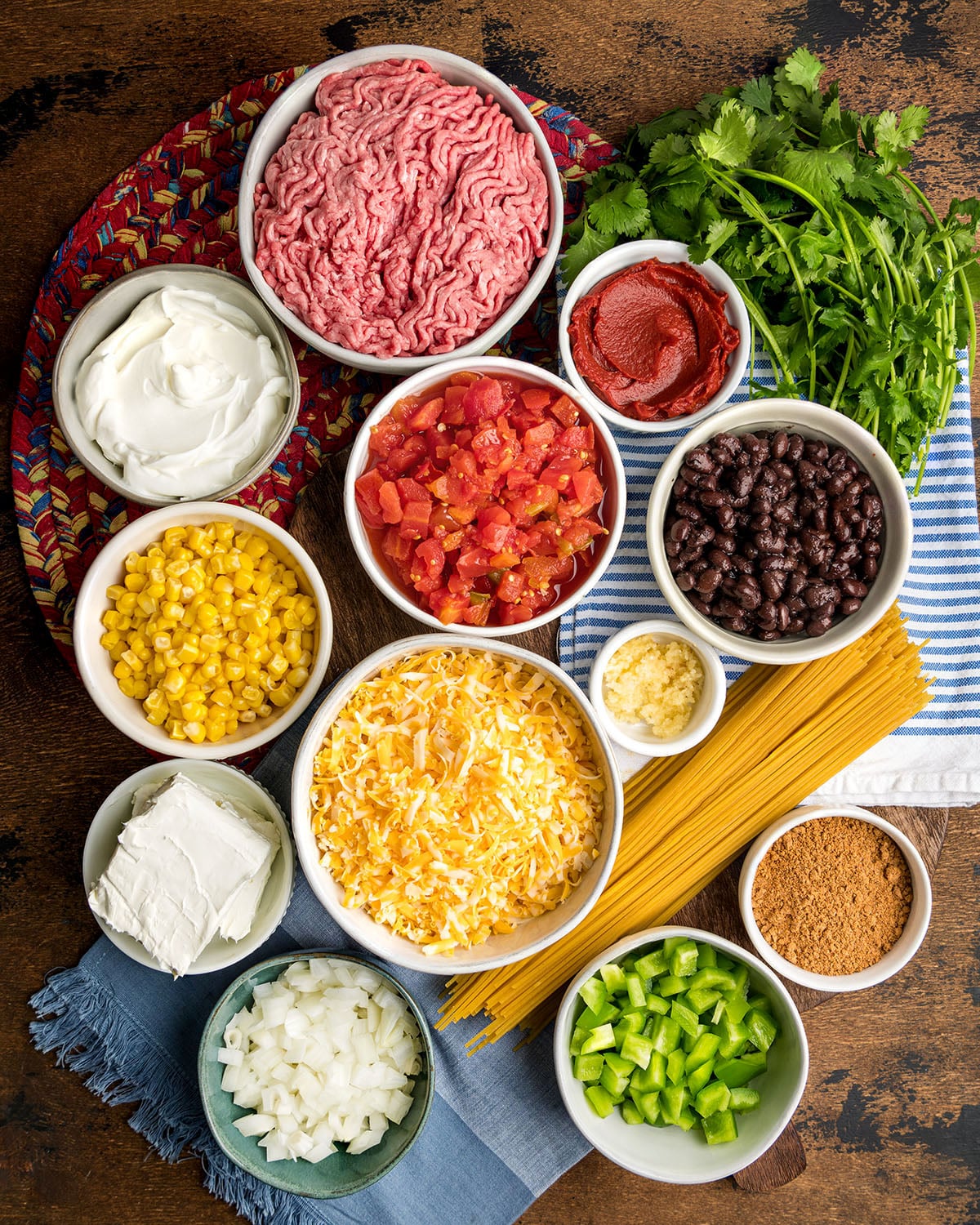 All of the ingredients needed to make Mexican Spaghetti for readers to easily recognize what they will need to make it.