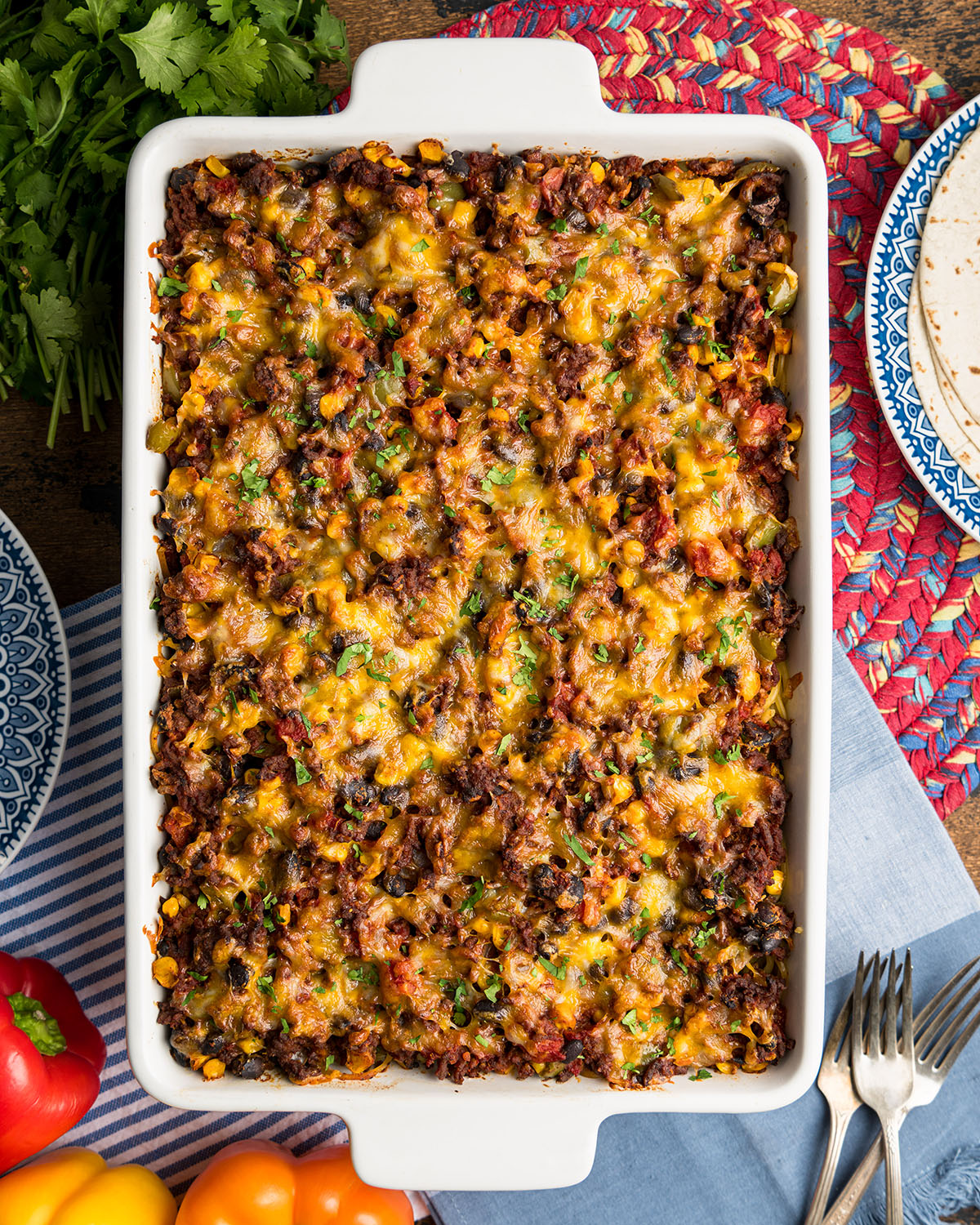 Baked Million Dollar Mexican Spaghetti with cheesy center layer.