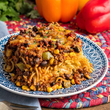 A serving of Million Dollar Mexican Spaghetti to show layers and texture.