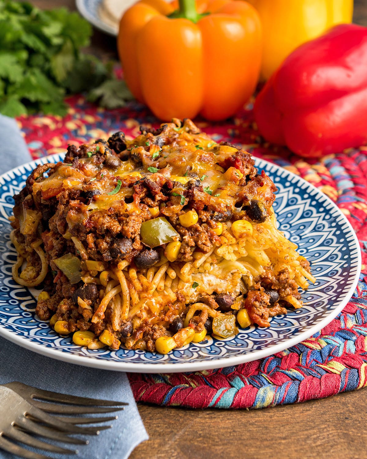 A serving of Million Dollar Mexican Spaghetti to show layers and texture.