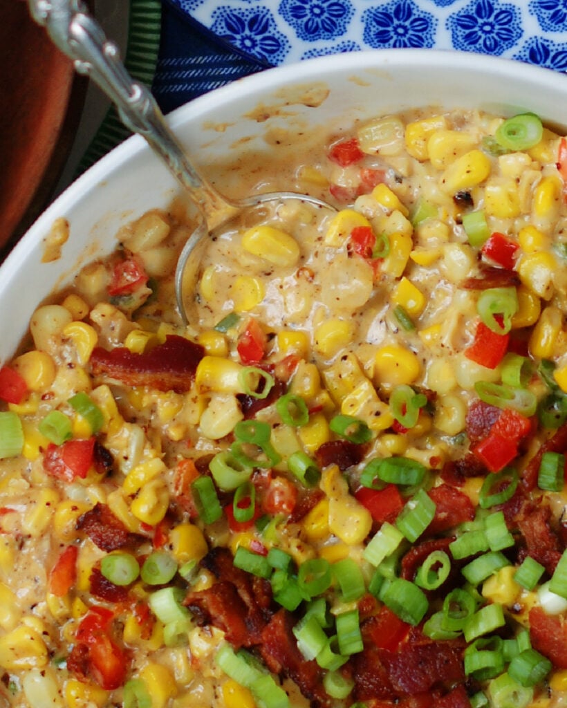 Louisiana creamed corn upclose to show ingredients and texture of real southern creamed corn.